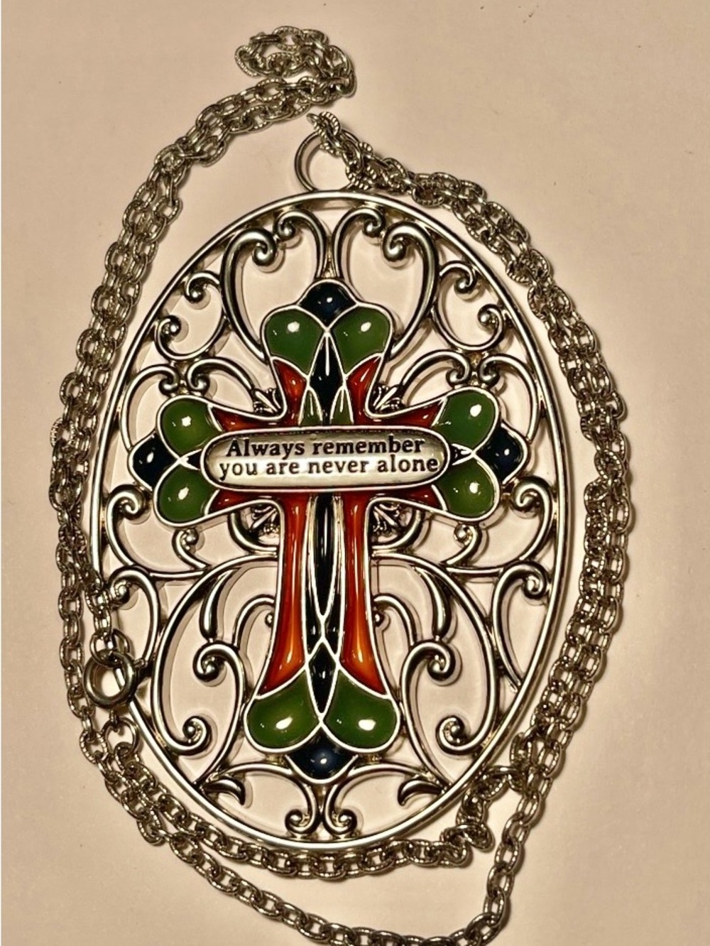 ESTATE Resin Sliver-tone Filigree Cross “YOU ARE NEVER ALONE” Pendant Necklace